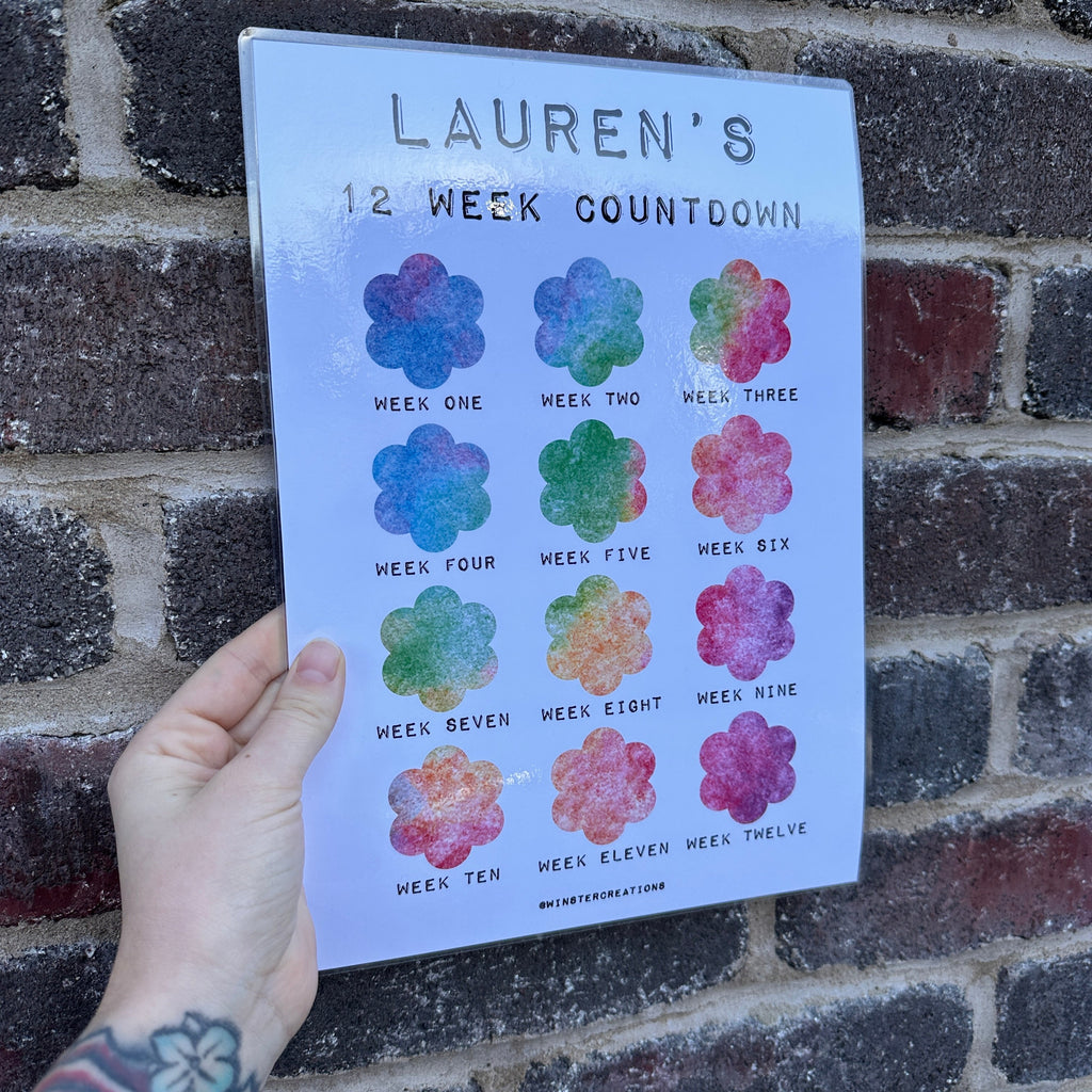 Personalised A4 Any Name Rainbow Watercolour Flower 12 Week Countdown Weight Loss Chart Tracker Print - Laminated With Drywipe Pen-1