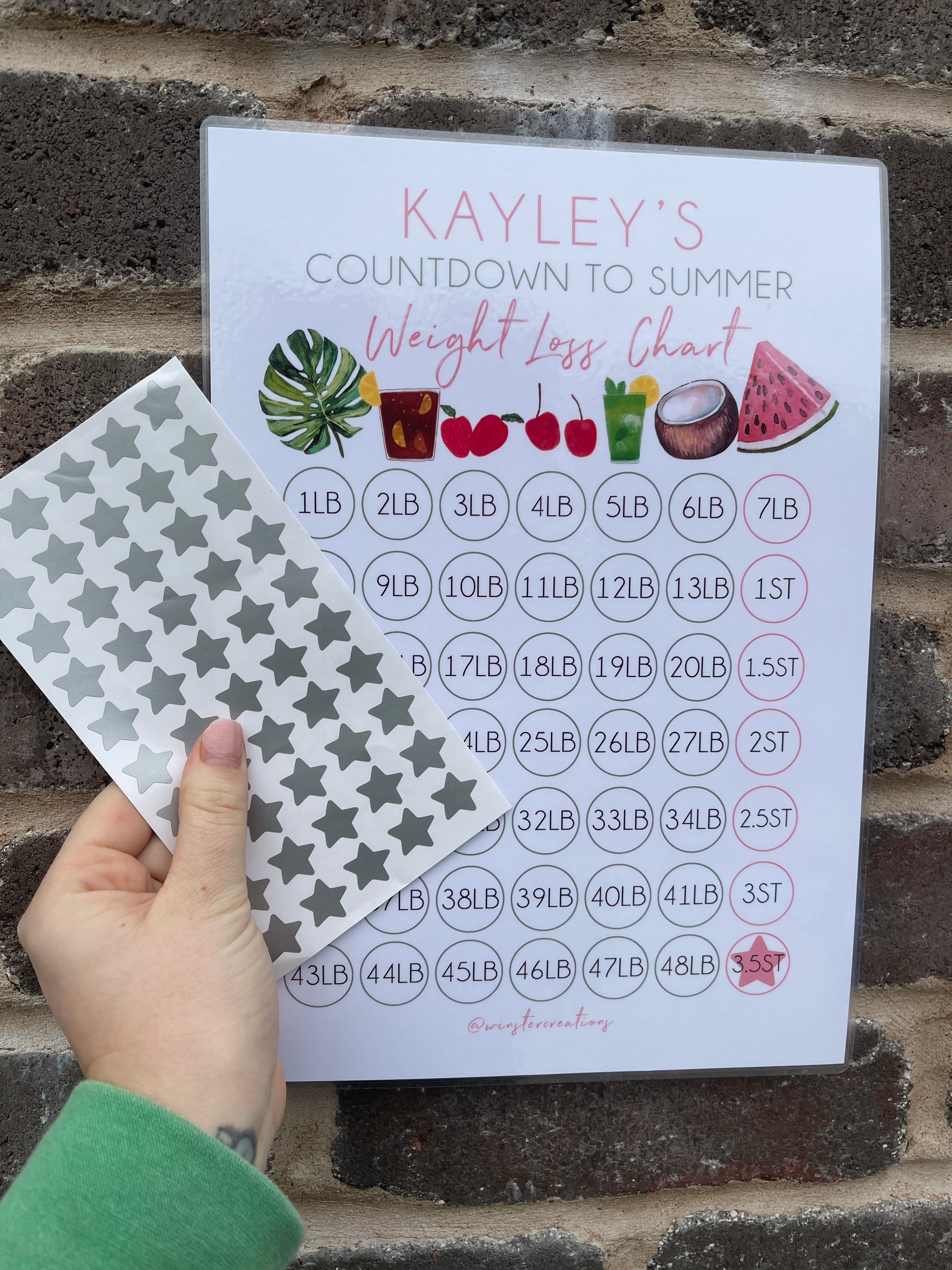 Personalised A4 Name Countdown To Summer Weight Loss Chart Tracker Print - st. lb Units - Laminated With Stars-3